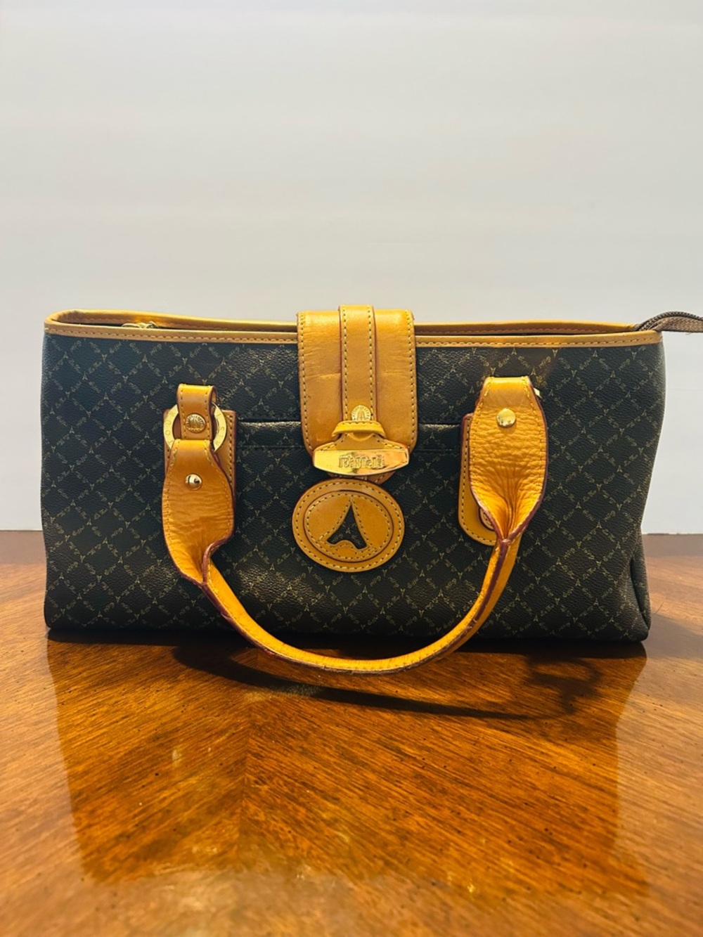 Black Patterned Satchel with Mustard Trim by
